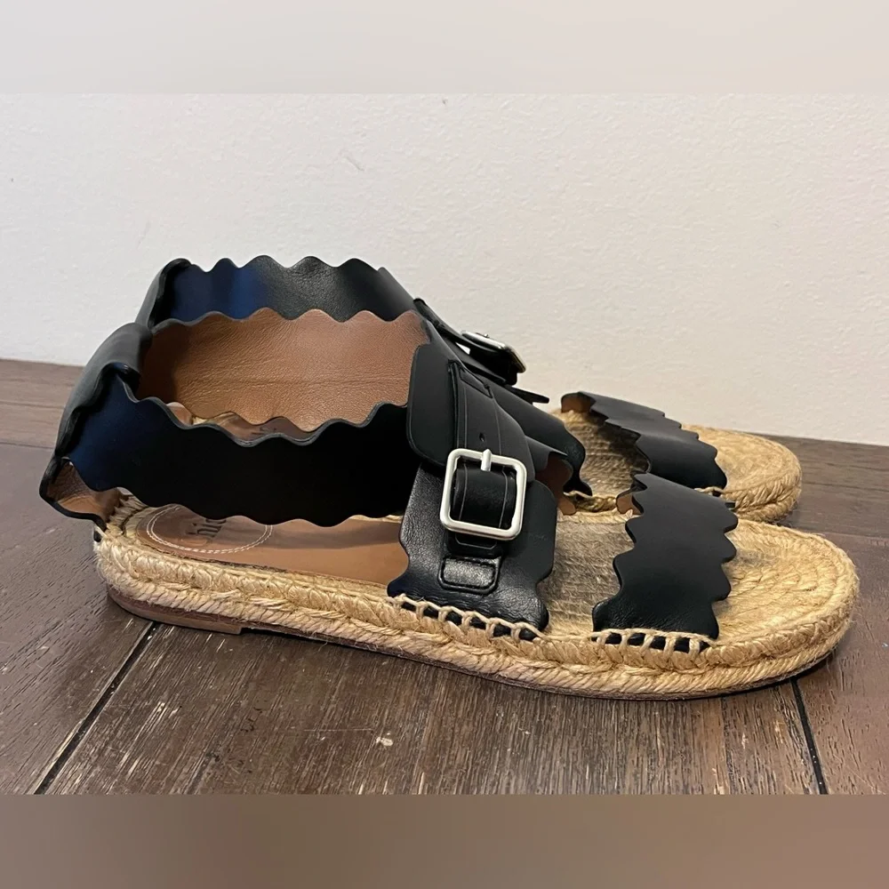 Chloe Lauren Scalloped Black Leather Espadrilles size 37 Women’s size 7 - Picture 2 of 13